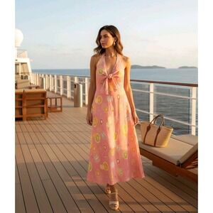 Y2K Retro Liz Claiborne Women 14 Linen Halter Sundress Pink Beach Citrus Cruise